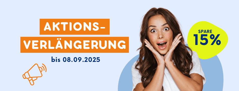 Frau freut sich über 15% Rabatt Angebotsverlängerung bis zum 08.09.2025.